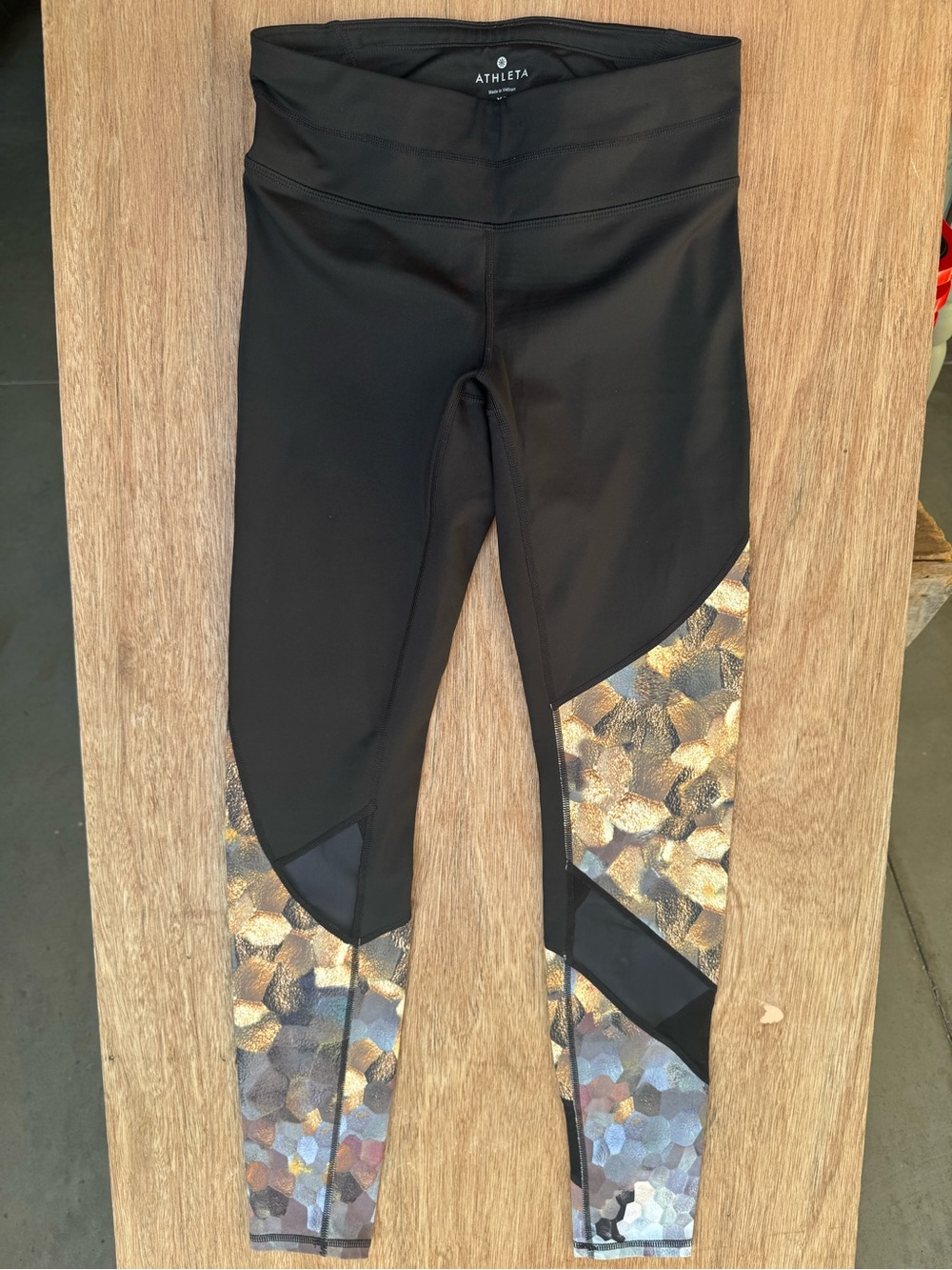 Athleta Black Leggings with Metallic Gold Mosaic Panels
